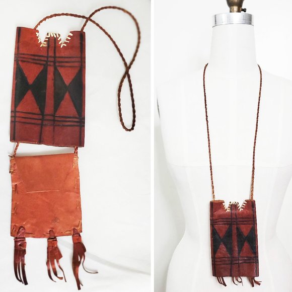 Vintage African Purse Necklace Wallet Leather Hand Painted Neck Pouch Primitive - Picture 1 of 8